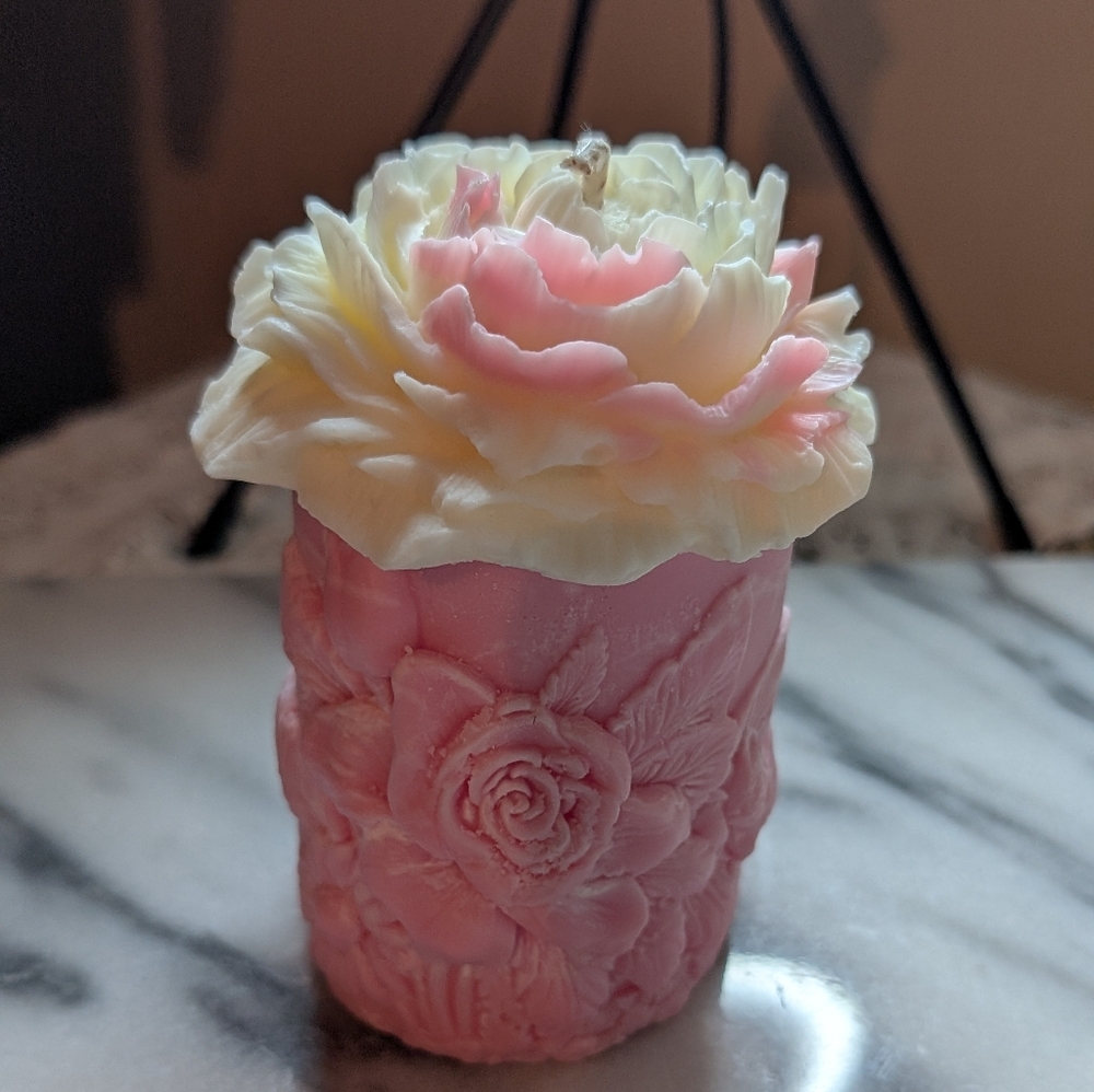 Hand Poured Rose Scented Floral Pink and Cream Candle